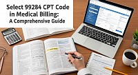 Medical billing specialist reviewing CPT 99284 documentation for emergency department visit