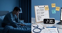 Adult sitting awake on bed at night looking at 2:30 AM clock with medical clipboard showing insomnia ICD 10 coding notes and healthcare billing documents on desk in blue night setting.