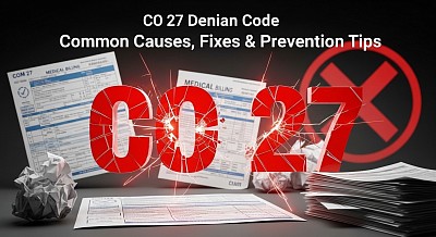 CO 27 denial code concept image showing cracked red “CO 27” text over medical billing documents, with a rejection symbol and paperwork stacks, representing claim denials, billing errors, and insurance payment issues.